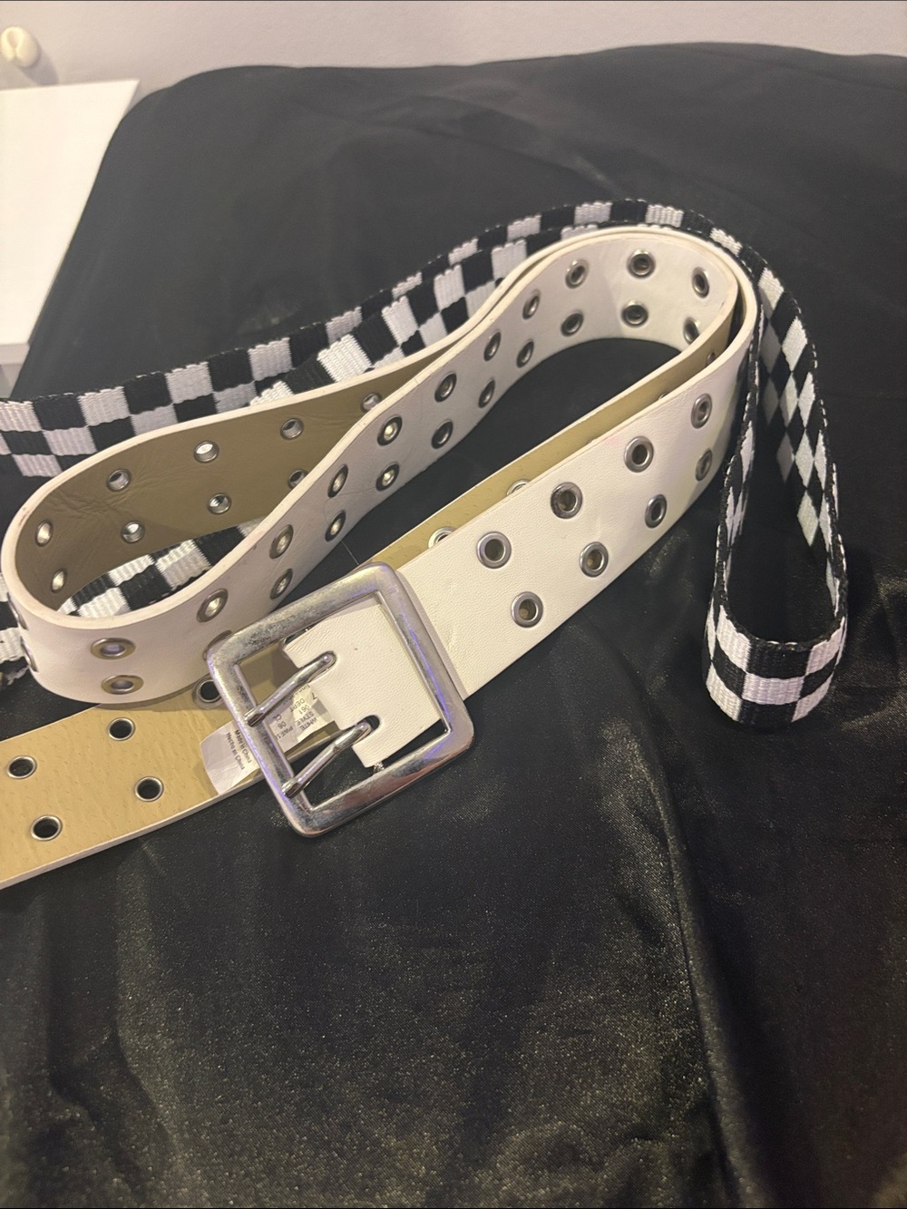 White Leather Belt and Black & White Checkered belt